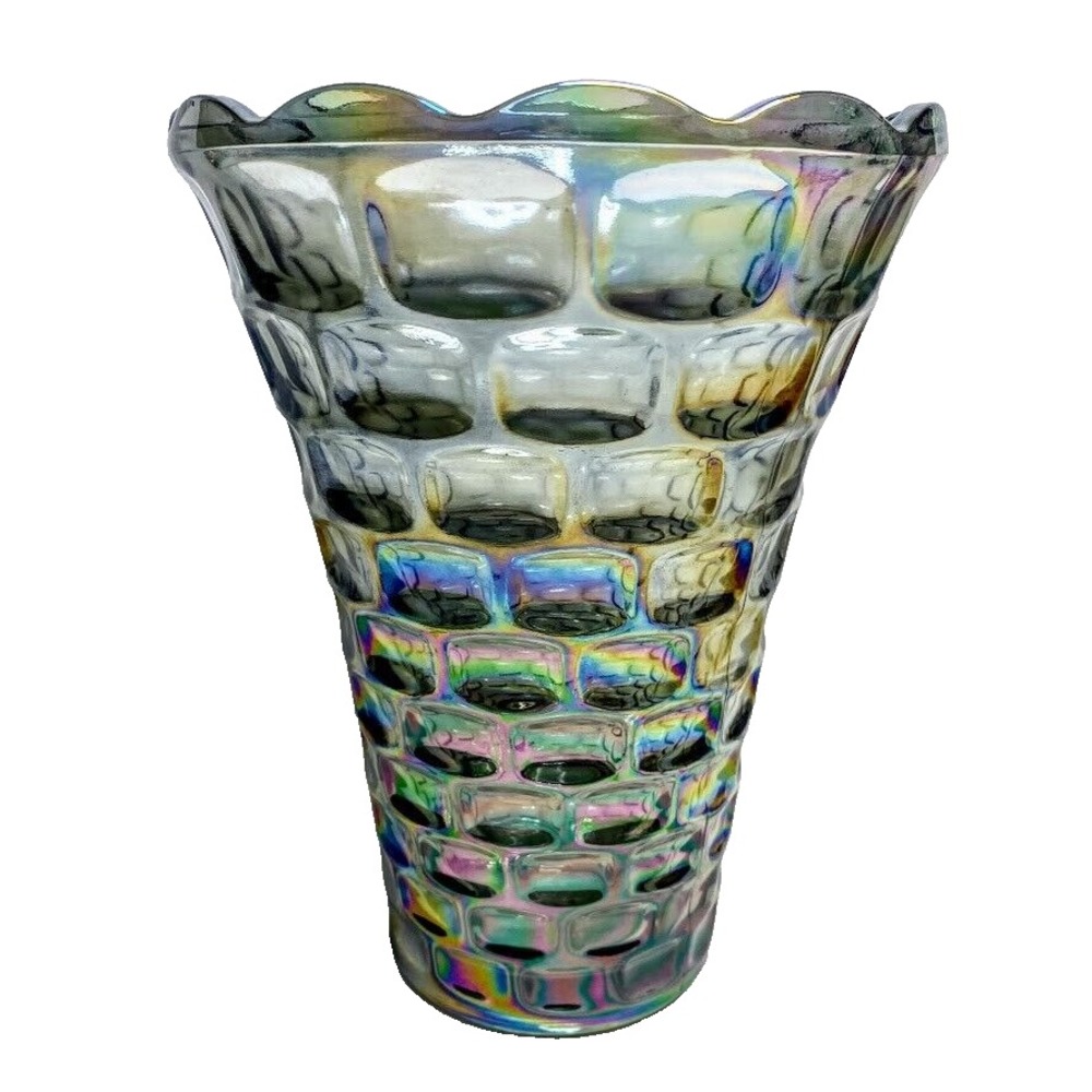 Vintage Federal Glass Yorktown Smoke Gray Carnival Glass 8" Vase Flowers